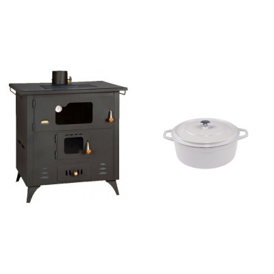 Set Küchenofen / Küchenhexe Prity mit Backofen und Kochplatte, Modell 1P50R, Leistung 14 kW, Füße + Gusseisen Topf Tiefer Solagio, Ivory, Ф12 - Kaminofen - Holzofen mit Backfach