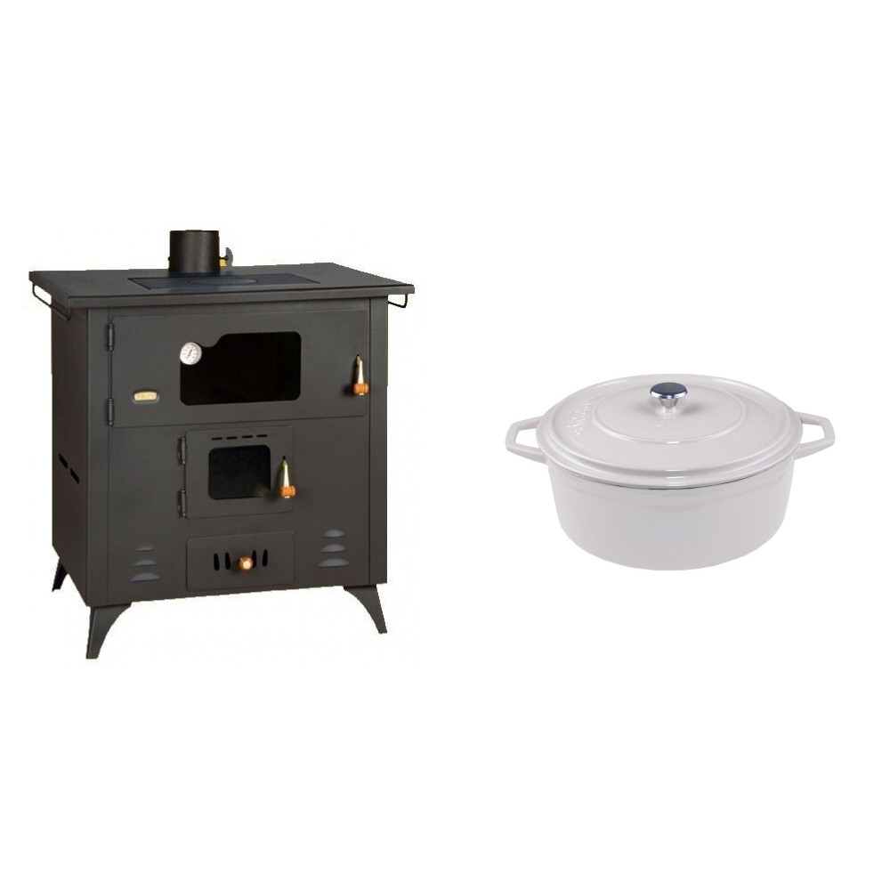 Set Küchenofen / Küchenhexe Prity mit Backofen und Kochplatte, Modell 1P50R, Leistung 14 kW, Füße + Gusseisen Topf Tiefer Solagio, Ivory, Ф20