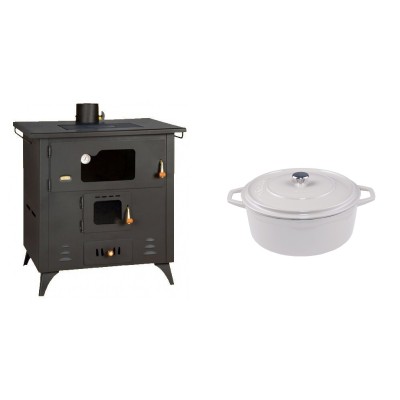 Set Küchenofen / Küchenhexe Prity mit Backofen und Kochplatte, Modell 1P50R, Leistung 14 kW, Füße + Gusseisen Topf Tiefer Solagio, Ivory, Ф20 - Kaminofen - Holzofen mit Backfach