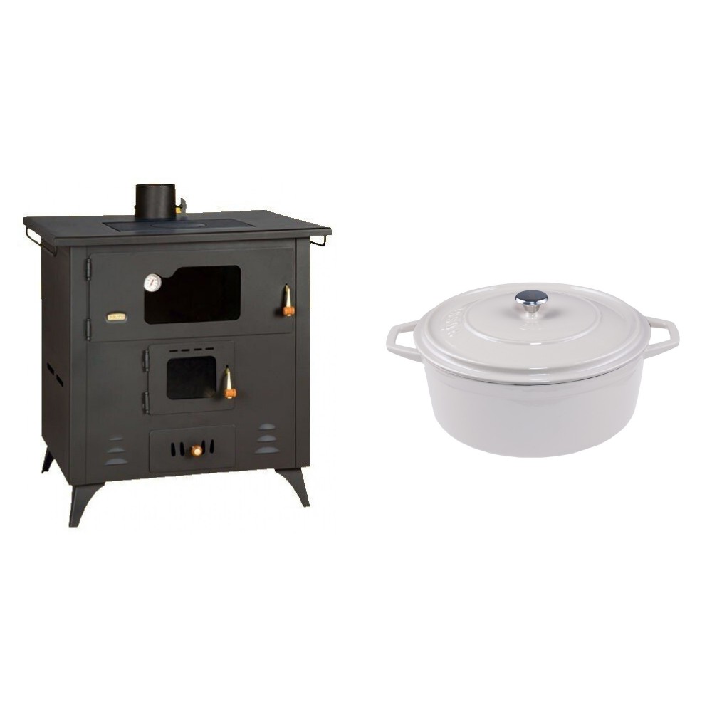 Set Küchenofen / Küchenhexe Prity mit Backofen und Kochplatte, Modell 1P50R, Leistung 14 kW, Füße + Gusseisen Topf Tiefer Solagio, Ivory, Ф24