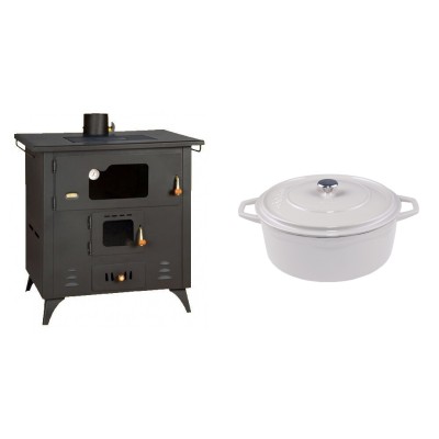 Set Küchenofen / Küchenhexe Prity mit Backofen und Kochplatte, Modell 1P50R, Leistung 14 kW, Füße + Gusseisen Topf Tiefer Solagio, Ivory, Ф24 - Kaminofen - Holzofen mit Backfach