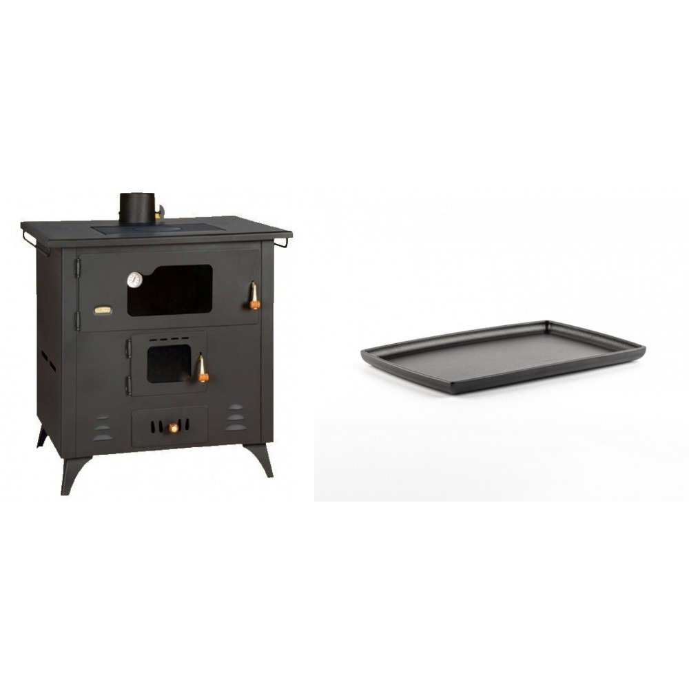 Set Küchenofen / Küchenhexe Prity mit Backofen und Kochplatte, Modell 1P50R, Leistung 14 kW, Füße + Rechteckige Servierplatte aus Gusseisen Solagio, 21x31cm