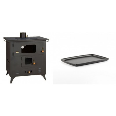 Set Küchenofen / Küchenhexe Prity mit Backofen und Kochplatte, Modell 1P50R, Leistung 14 kW, Füße + Rechteckige Servierplatte aus Gusseisen Solagio, 21x31cm - Kaminofen - Holzofen mit Backfach