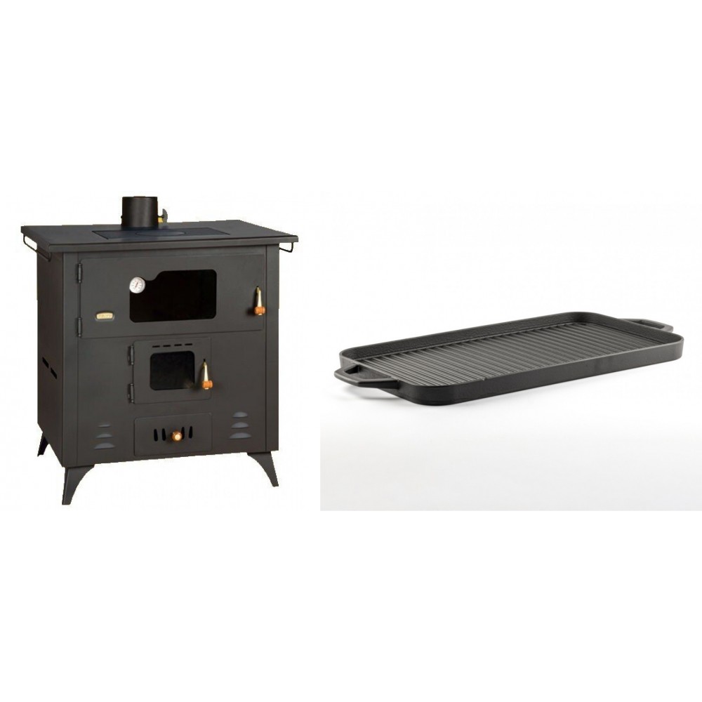 Set Küchenofen / Küchenhexe Prity mit Backofen und Kochplatte, Modell 1P50R, Leistung 14 kW, Füße + Große Grillplatte aus Gusseisen Solagio, 25x44cm | Kaminofen - Holzofen mit Backfach | Prity |