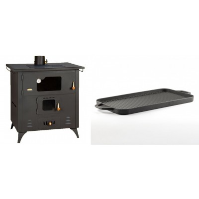 Set Küchenofen / Küchenhexe Prity mit Backofen und Kochplatte, Modell 1P50R, Leistung 14 kW, Füße + Große Grillplatte aus Gusseisen Solagio, 25x44cm - Kaminofen - Holzofen mit Backfach