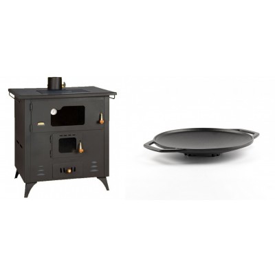 Set Küchenofen / Küchenhexe Prity mit Backofen und Kochplatte, Modell 1P50R, Leistung 14 kW, Füße + Backplatte aus Gusseisen Solagio, Ф28cm - Kaminofen - Holzofen mit Backfach