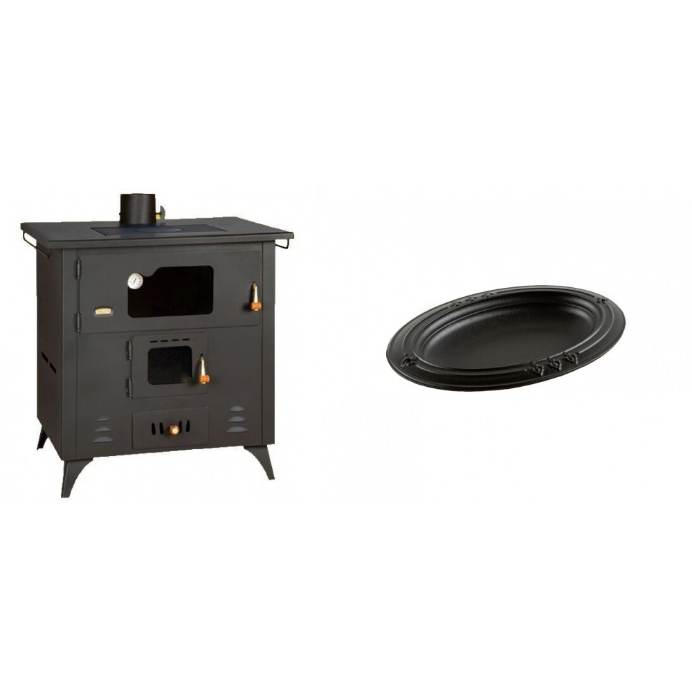 Set Küchenofen / Küchenhexe Prity mit Backofen und Kochplatte, Modell 1P50R, Leistung 14 kW, Füße + Gusseiserne auflaufform Solagio oval, 25x33cm | Kaminofen - Holzofen mit Backfach | Prity |