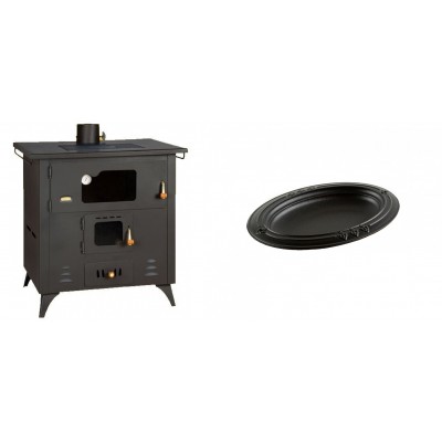 Set Küchenofen / Küchenhexe Prity mit Backofen und Kochplatte, Modell 1P50R, Leistung 14 kW, Füße + Gusseiserne auflaufform Solagio oval, 25x33cm - Kaminofen - Holzofen mit Backfach