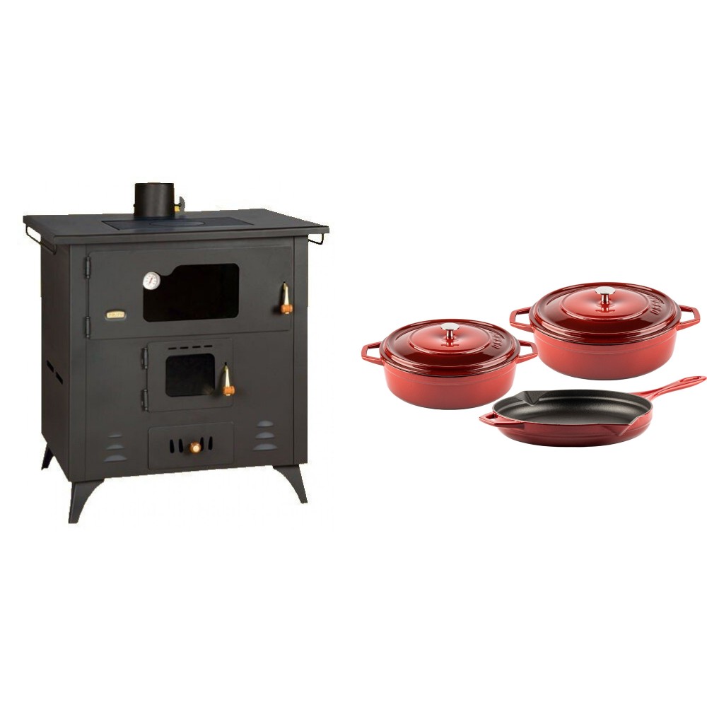 Set Küchenofen / Küchenhexe Prity mit Backofen und Kochplatte, Modell 1P50R, Leistung 14 kW, Füße + Gusseisen Topf Set aus 3 teilen Solagio, Rubin