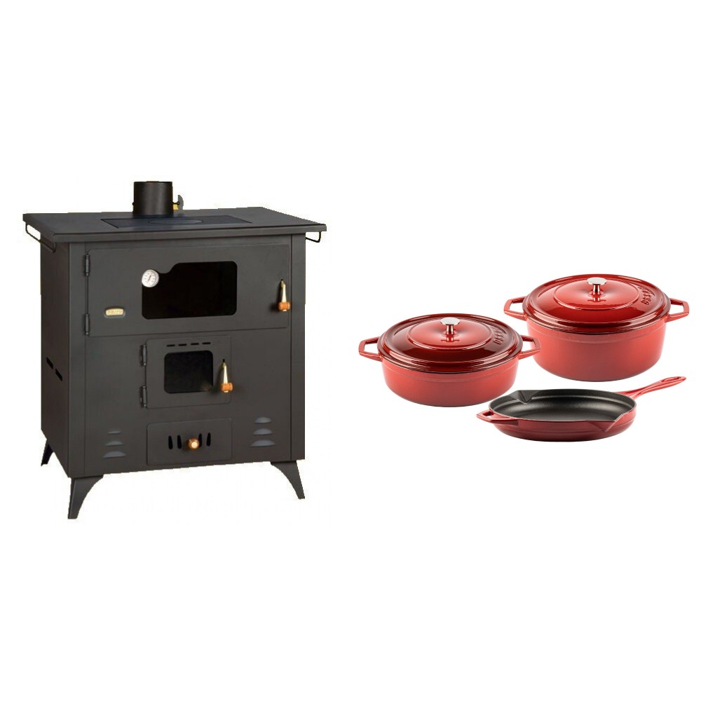 Set Küchenofen / Küchenhexe Prity mit Backofen und Kochplatte, Modell 1P50R, Leistung 14 kW, Füße + Gusseisen Topf Set aus 3 teilen Solagio, Rubin