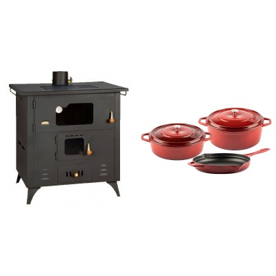 Set Küchenofen / Küchenhexe Prity mit Backofen und Kochplatte, Modell 1P50R, Leistung 14 kW, Füße + Gusseisen Topf Set aus 3 teilen Solagio, Rubin - Kaminofen - Holzofen mit Backfach