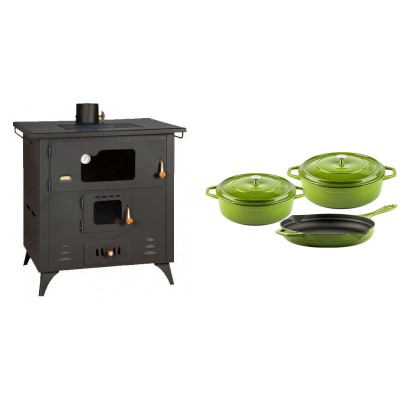 Set Küchenofen / Küchenhexe Prity mit Backofen und Kochplatte, Modell 1P50R, Leistung 14 kW, Füße + Gusseisen Topf Set aus 3 teilen Solagio, Bamboo - Kaminofen - Holzofen mit Backfach