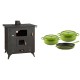 Set Küchenofen / Küchenhexe Prity mit Backofen und Kochplatte, Modell 1P50R, Leistung 14 kW, Füße + Gusseisen Topf Set aus 3 teilen Solagio, Bamboo | Kaminofen - Holzofen mit Backfach | Prity |