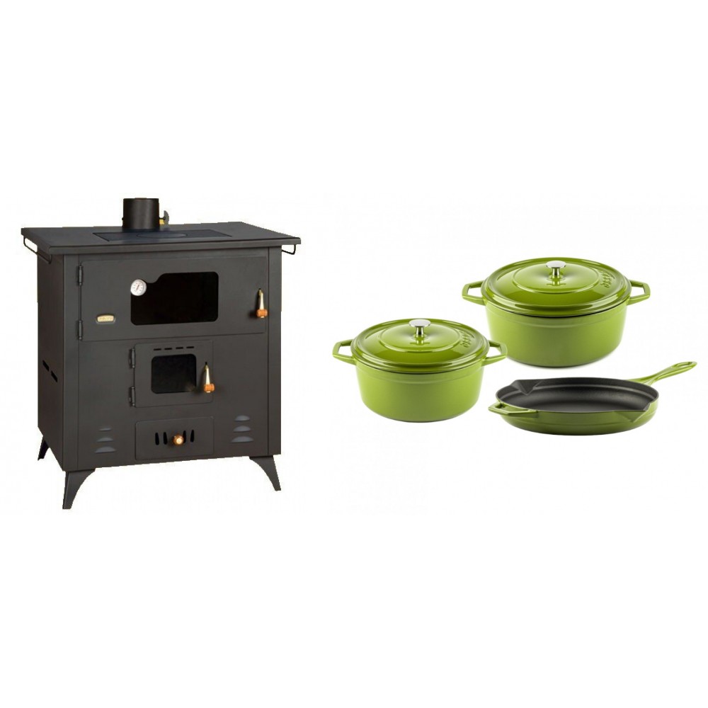 Set Küchenofen / Küchenhexe Prity mit Backofen und Kochplatte, Modell 1P50R, Leistung 14 kW, Füße + Gusseisen Topf Set aus 3 teilen Solagio, Bamboo