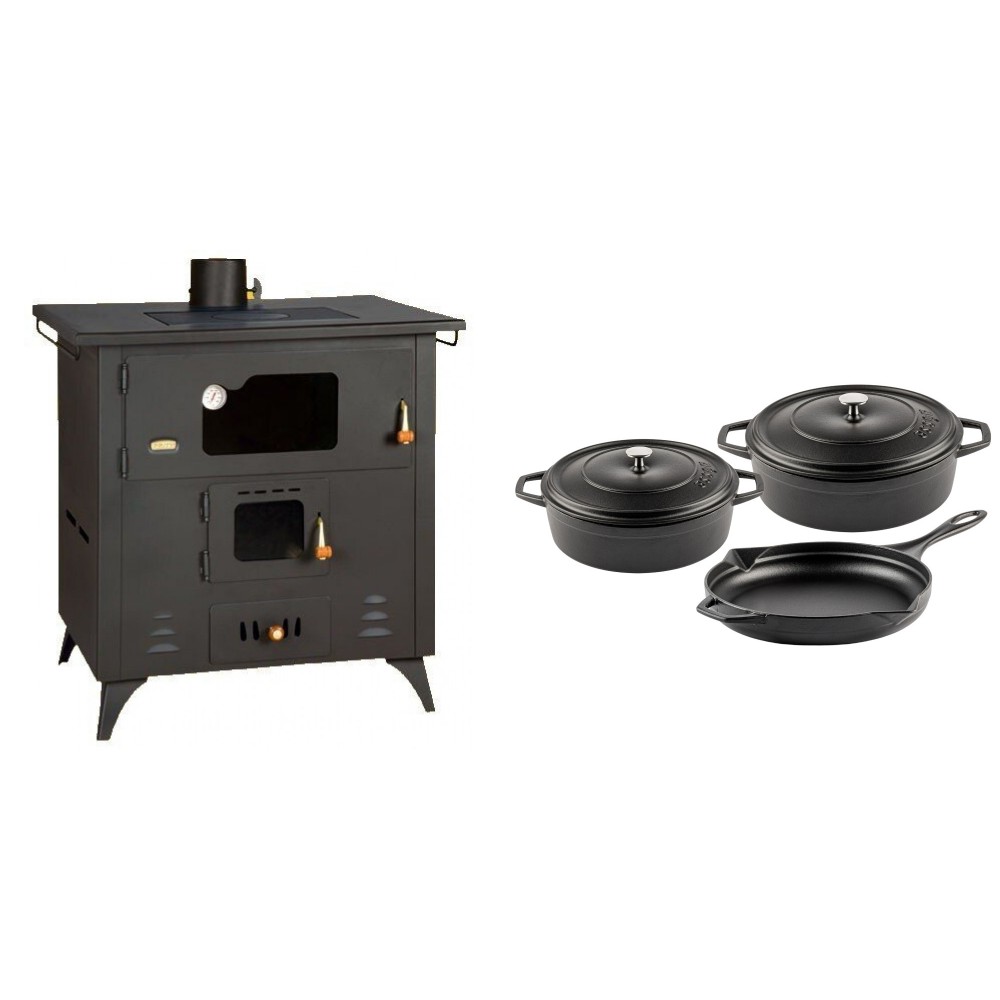 Set Küchenofen / Küchenhexe Prity mit Backofen und Kochplatte, Modell 1P50R, Leistung 14 kW, Füße + Gusseisen Topf Set aus 3 teilen Solagio, Black Onyx