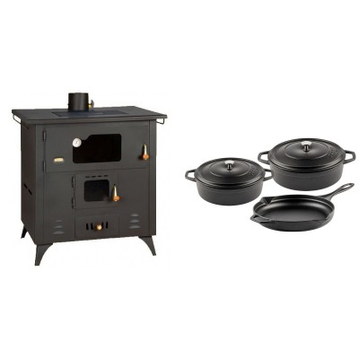 Set Küchenofen / Küchenhexe Prity mit Backofen und Kochplatte, Modell 1P50R, Leistung 14 kW, Füße + Gusseisen Topf Set aus 3 teilen Solagio, Black Onyx - Kaminofen - Holzofen mit Backfach