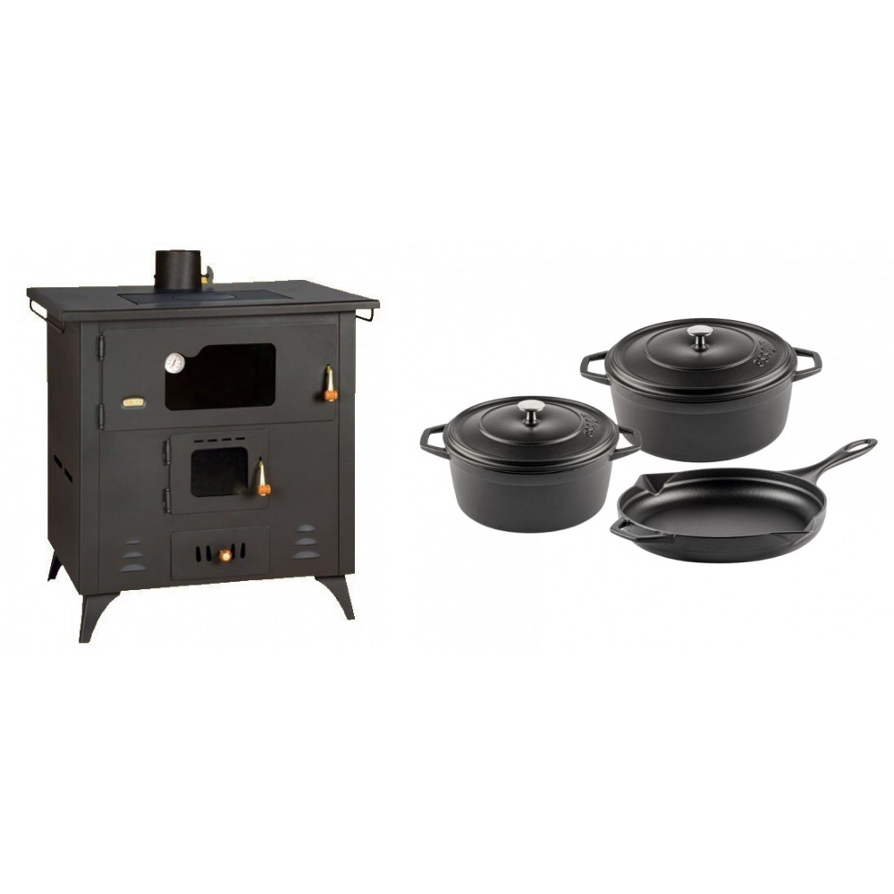 Set Küchenofen / Küchenhexe Prity mit Backofen und Kochplatte, Modell 1P50R, Leistung 14 kW, Füße + Gusseisen Topf Set aus 3 teilen Solagio, Black Onyx