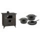 Set Küchenofen / Küchenhexe Prity mit Backofen und Kochplatte, Modell 1P50R, Leistung 14 kW, Füße + Gusseisen Topf Set aus 3 teilen Solagio, Black Onyx | Kaminofen - Holzofen mit Backfach | Prity |