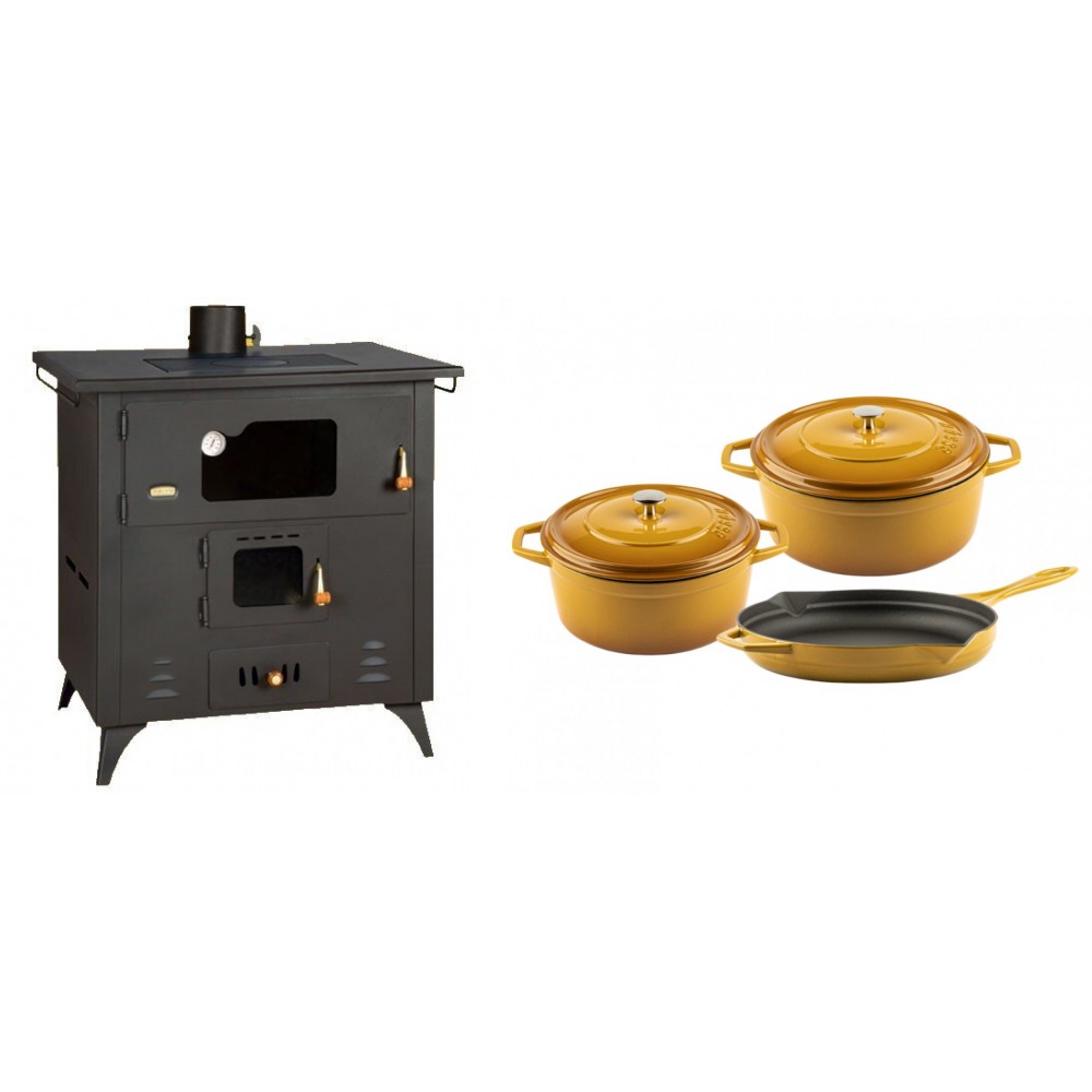 Set Küchenofen / Küchenhexe Prity mit Backofen und Kochplatte, Modell 1P50R, Leistung 14 kW, Füße + Gusseisen Topf Set aus 3 teilen Solagio, Dijon