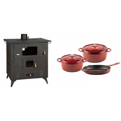 Set Küchenofen / Küchenhexe Prity mit Backofen und Kochplatte, Modell 1P50R, Leistung 14 kW, Füße + Gusseisen Topf Set aus 3 teilen Solagio, Rubin - Kaminofen - Holzofen mit Backfach