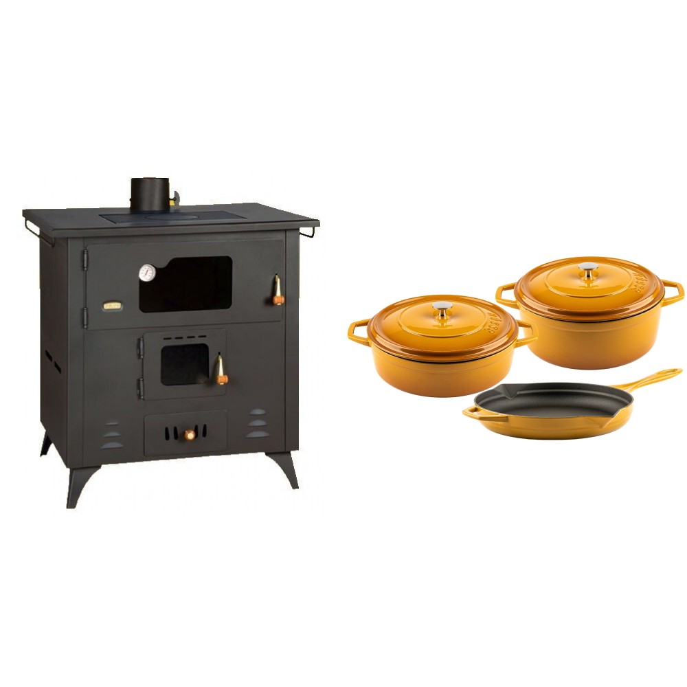 Set Küchenofen / Küchenhexe Prity mit Backofen und Kochplatte, Modell 1P50R, Leistung 14 kW, Füße + Gusseisen Topf Set aus 3 teilen Solagio, Dijon