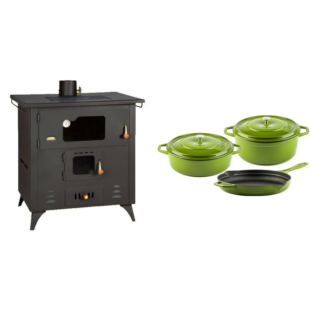 Set Küchenofen / Küchenhexe Prity mit Backofen und Kochplatte, Modell 1P50R, Leistung 14 kW, Füße + Gusseisen Topf Set aus 3 teilen Solagio, Bamboo