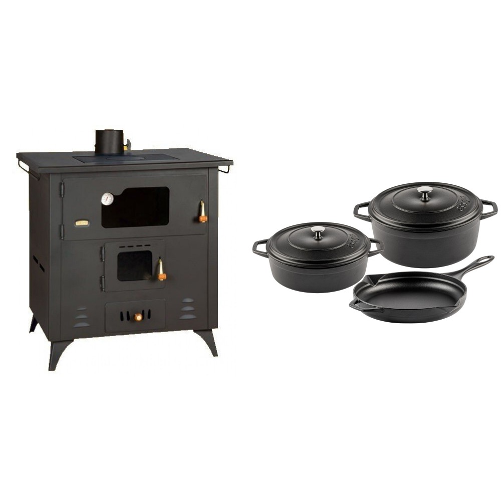 Set Küchenofen / Küchenhexe Prity mit Backofen und Kochplatte, Modell 1P50R, Leistung 14 kW, Füße + Gusseisen Topf Set aus 3 teilen Solagio, Black Onyx | Kaminofen - Holzofen mit Backfach | Prity |