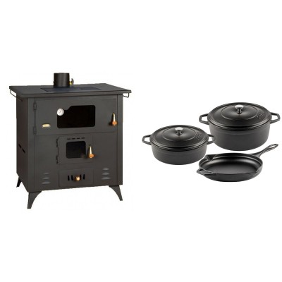 Set Küchenofen / Küchenhexe Prity mit Backofen und Kochplatte, Modell 1P50R, Leistung 14 kW, Füße + Gusseisen Topf Set aus 3 teilen Solagio, Black Onyx - Kaminofen - Holzofen mit Backfach