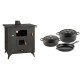 Set Küchenofen / Küchenhexe Prity mit Backofen und Kochplatte, Modell 1P50R, Leistung 14 kW, Füße + Gusseisen Topf Set aus 3 teilen Solagio, Black Onyx | Kaminofen - Holzofen mit Backfach | Prity |