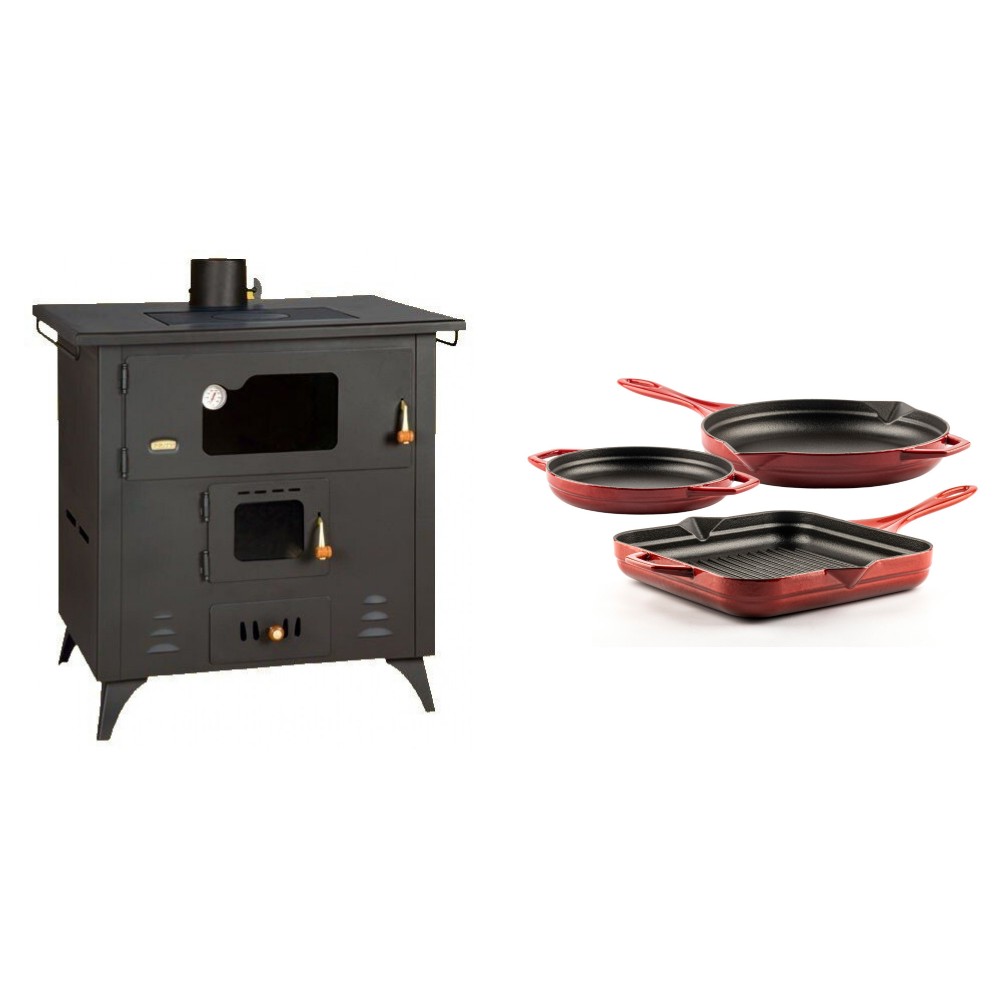 Set Küchenofen / Küchenhexe Prity mit Backofen und Kochplatte, Modell 1P50R, Leistung 14 kW, Füße + Gusseisen Topf Set aus 3 teilen Solagio, Rubin