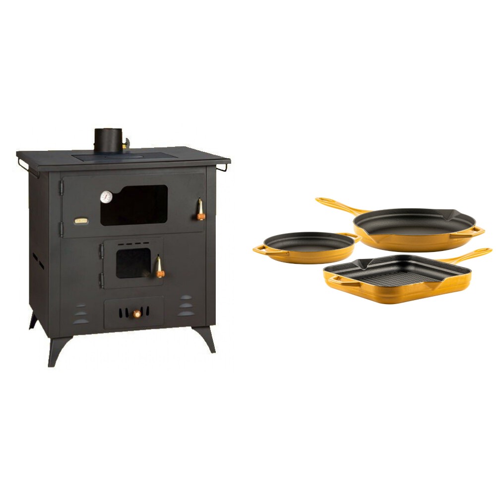 Set Küchenofen / Küchenhexe Prity mit Backofen und Kochplatte, Modell 1P50R, Leistung 14 kW, Füße + Gusseisen Topf Set aus 3 teilen Solagio, Dijon