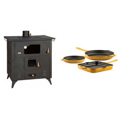 Set Küchenofen / Küchenhexe Prity mit Backofen und Kochplatte, Modell 1P50R, Leistung 14 kW, Füße + Gusseisen Topf Set aus 3 teilen Solagio, Dijon - Kaminofen - Holzofen mit Backfach