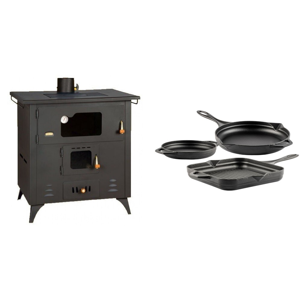Set Küchenofen / Küchenhexe Prity mit Backofen und Kochplatte, Modell 1P50R, Leistung 14 kW, Füße + Gusseisen Topf Set aus 3 teilen Solagio, Black Onyx