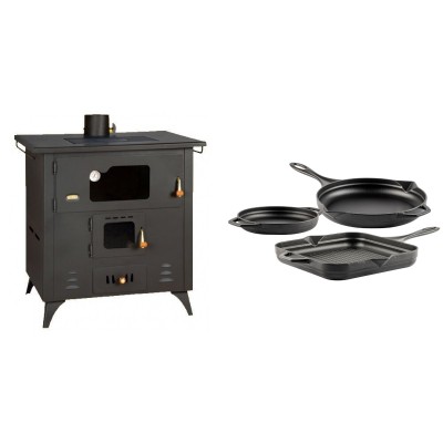 Set Küchenofen / Küchenhexe Prity mit Backofen und Kochplatte, Modell 1P50R, Leistung 14 kW, Füße + Gusseisen Topf Set aus 3 teilen Solagio, Black Onyx - Kaminofen - Holzofen mit Backfach
