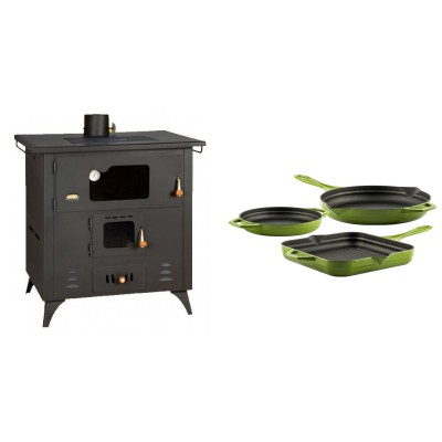 Set Küchenofen / Küchenhexe Prity mit Backofen und Kochplatte, Modell 1P50R, Leistung 14 kW, Füße + Gusseisen Topf Set aus 3 teilen Solagio, Bamboo - Kaminofen - Holzofen mit Backfach