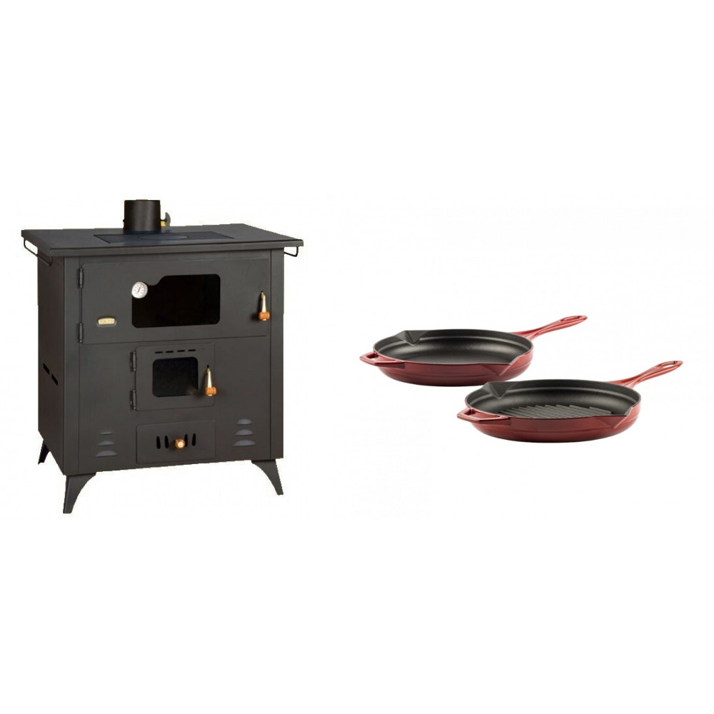 Set Küchenofen / Küchenhexe Prity mit Backofen und Kochplatte, Modell 1P50R, Leistung 14 kW, Füße + Gusseisen Topf Set aus 2 teilen Solagio, Rubin