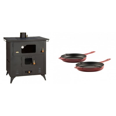 Set Küchenofen / Küchenhexe Prity mit Backofen und Kochplatte, Modell 1P50R, Leistung 14 kW, Füße + Gusseisen Topf Set aus 2 teilen Solagio, Rubin - Kaminofen - Holzofen mit Backfach