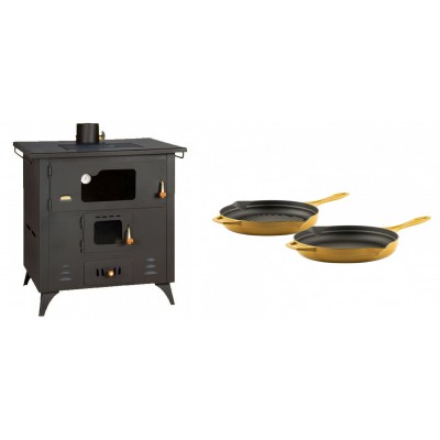 Set Küchenofen / Küchenhexe Prity mit Backofen und Kochplatte, Modell 1P50R, Leistung 14 kW, Füße + Gusseisen Topf Set aus 2 teilen Solagio, Dijon - Kaminofen - Holzofen mit Backfach