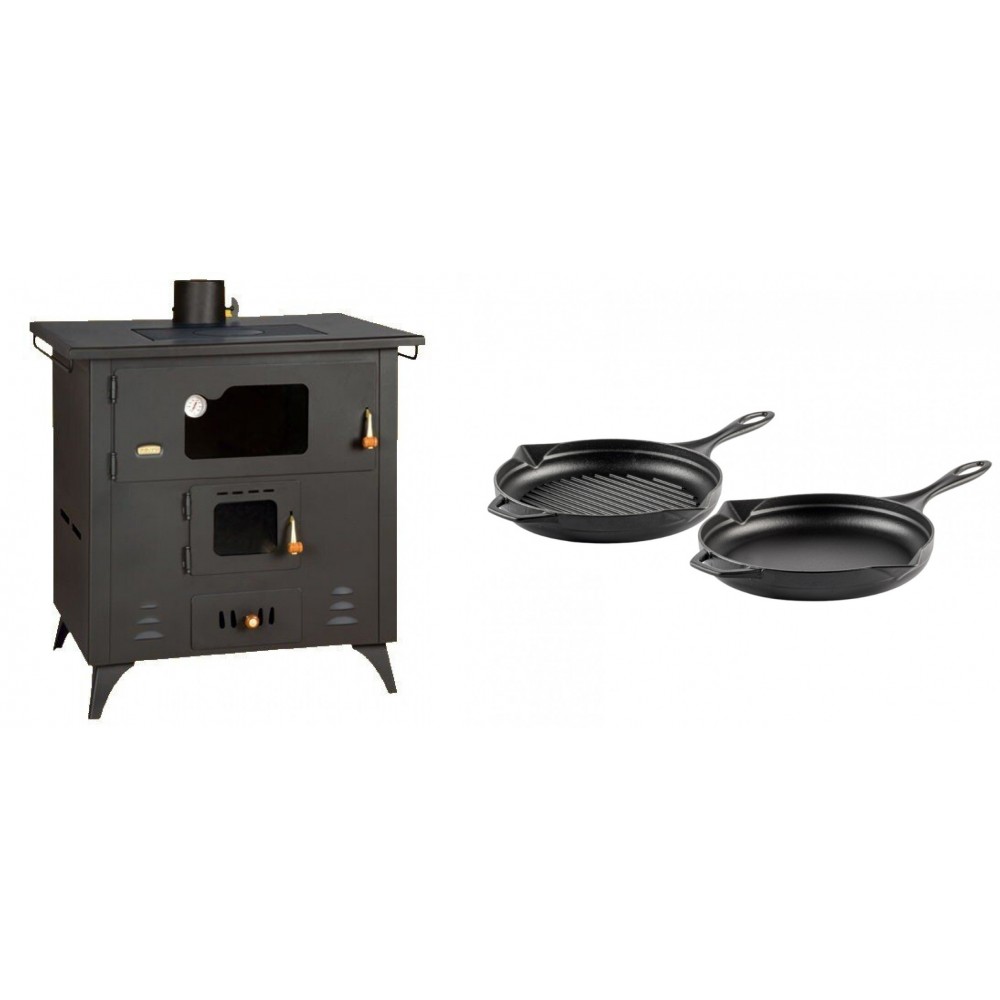 Set Küchenofen / Küchenhexe Prity mit Backofen und Kochplatte, Modell 1P50R, Leistung 14 kW, Füße + Gusseisen Topf Set aus 2 teilen Solagio, Black Onyx | Kaminofen - Holzofen mit Backfach | Prity |