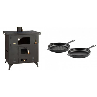 Set Küchenofen / Küchenhexe Prity mit Backofen und Kochplatte, Modell 1P50R, Leistung 14 kW, Füße + Gusseisen Topf Set aus 2 teilen Solagio, Black Onyx - Kaminofen - Holzofen mit Backfach