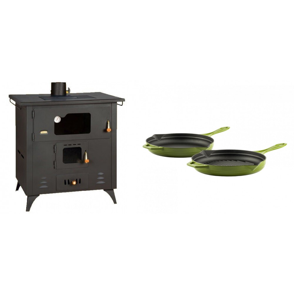 Set Küchenofen / Küchenhexe Prity mit Backofen und Kochplatte, Modell 1P50R, Leistung 14 kW, Füße + Gusseisen Topf Set aus 2 teilen Solagio, Bamboo