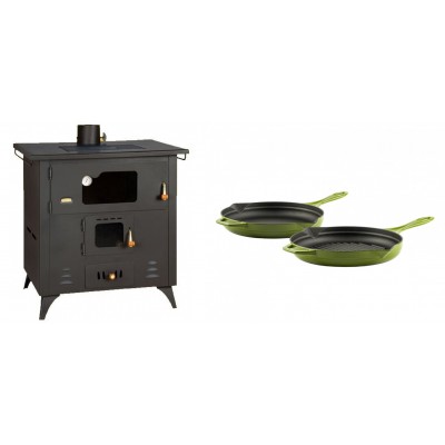 Set Küchenofen / Küchenhexe Prity mit Backofen und Kochplatte, Modell 1P50R, Leistung 14 kW, Füße + Gusseisen Topf Set aus 2 teilen Solagio, Bamboo - Kaminofen - Holzofen mit Backfach