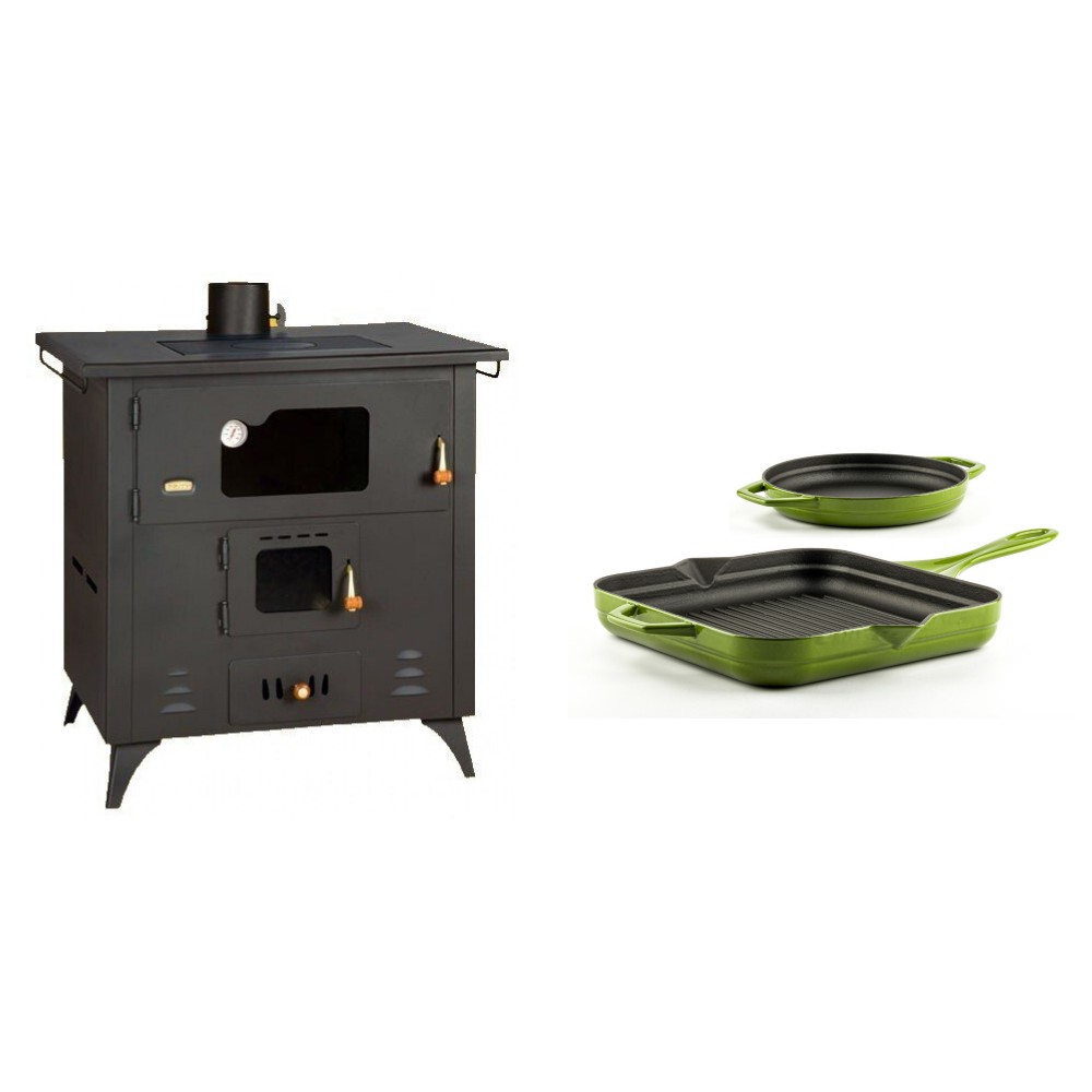 Set Küchenofen / Küchenhexe Prity mit Backofen und Kochplatte, Modell 1P50R, Leistung 14 kW, Füße + Gusseisen Topf Set aus 2 teilen Solagio, Bamboo | Kaminofen - Holzofen mit Backfach | Prity |