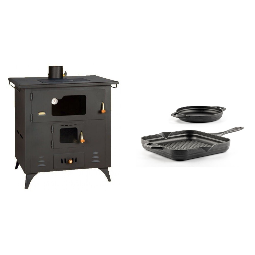 Set Küchenofen / Küchenhexe Prity mit Backofen und Kochplatte, Modell 1P50R, Leistung 14 kW, Füße + Gusseisen Topf Set aus 2 teilen Solagio, Black Onyx | Kaminofen - Holzofen mit Backfach | Prity |