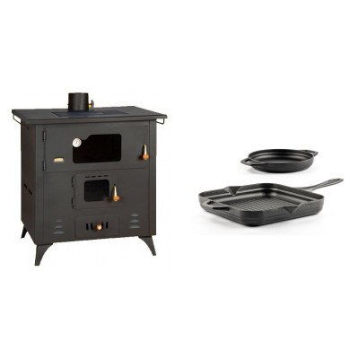 Set Küchenofen / Küchenhexe Prity mit Backofen und Kochplatte, Modell 1P50R, Leistung 14 kW, Füße + Gusseisen Topf Set aus 2 teilen Solagio, Black Onyx - Kaminofen - Holzofen mit Backfach