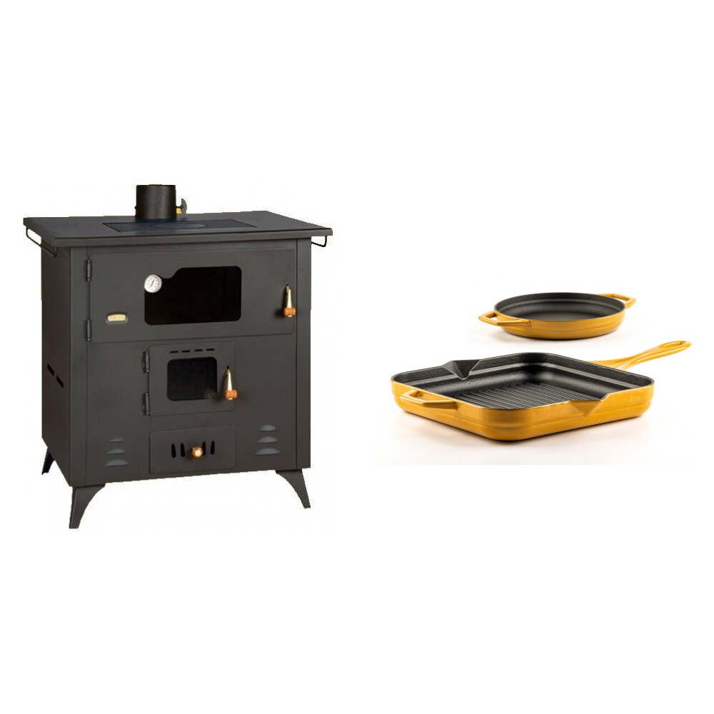 Set Küchenofen / Küchenhexe Prity mit Backofen und Kochplatte, Modell 1P50R, Leistung 14 kW, Füße + Gusseisen Topf Set aus 2 teilen Solagio, Dijon