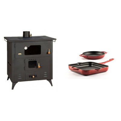 Set Küchenofen / Küchenhexe Prity mit Backofen und Kochplatte, Modell 1P50R, Leistung 14 kW, Füße + Gusseisen Topf Set aus 2 teilen Solagio, Rubin - Kaminofen - Holzofen mit Backfach