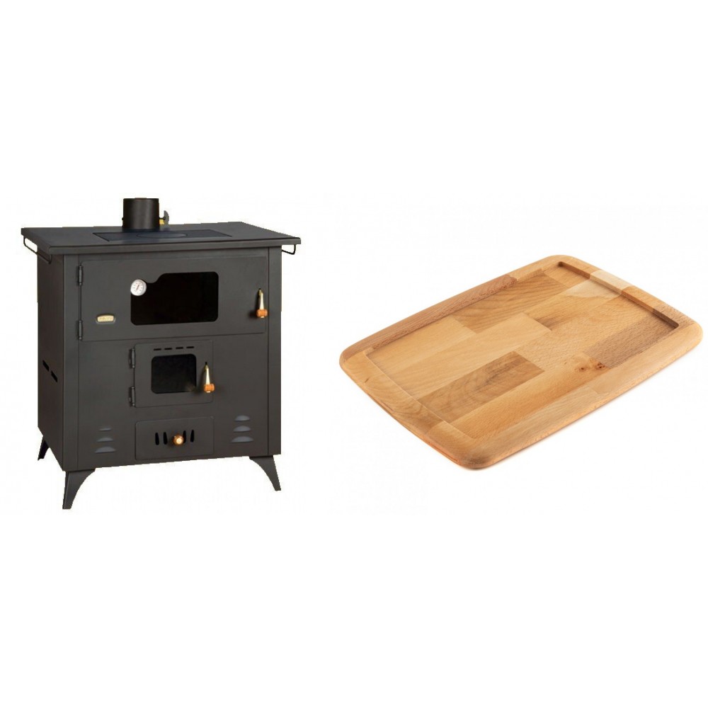 Set Küchenofen / Küchenhexe Prity mit Backofen und Kochplatte, Modell 1P50R, Leistung 14 kW, Füße + Holz untersetzer für gusseisenplatte Solagio HSST2131