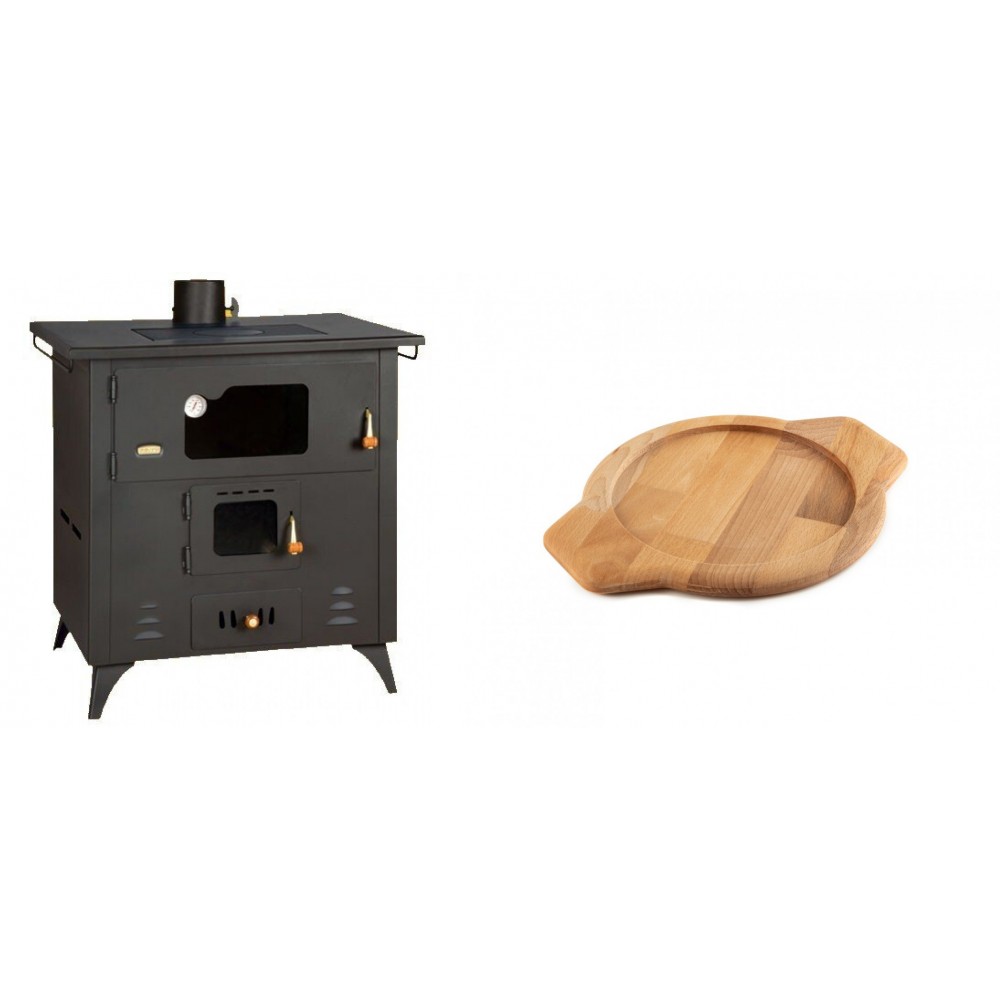 Set Küchenofen / Küchenhexe Prity mit Backofen und Kochplatte, Modell 1P50R, Leistung 14 kW, Füße + Holz untersetzer für gusseisenschüssel Solagio HSYKTV22 | Kaminofen - Holzofen mit Backfach | Prity |
