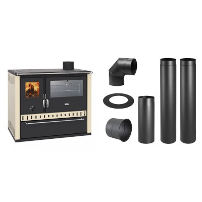 Set Küchenofen / Küchenhexe Prity GT, mit Edelstahl-Backofen und Schublade, 15 kW + Schornstein Bausatz PARKANEX, Stahl Ø150, Dicke 2mm - Kaminofen - Holzofen mit Backfach